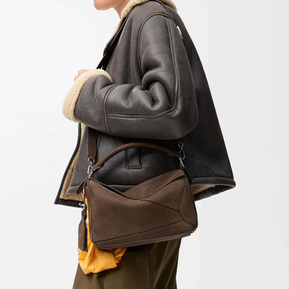 Loewe brown Bag LOEWE Small Featherlight Puzzle Bag in Grained Nubuck Brown #388118 View 2 | Nigo Office