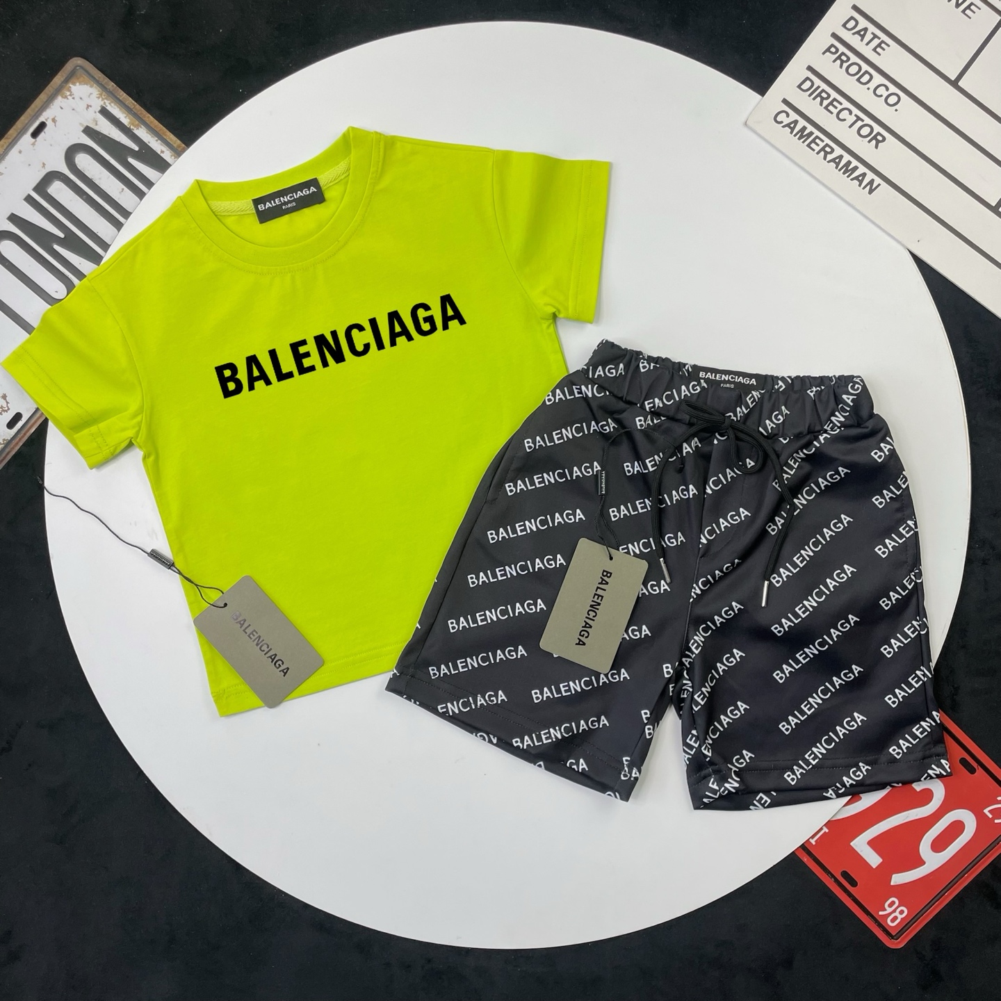 Balenciaga Unisex Kids Fluorescent Lime Green Solid Black Letter Short Sleeve T-Shirt & Black All Over Logo Print Casual Shorts 2 Piece Set Boys Girls Sizes 90-150