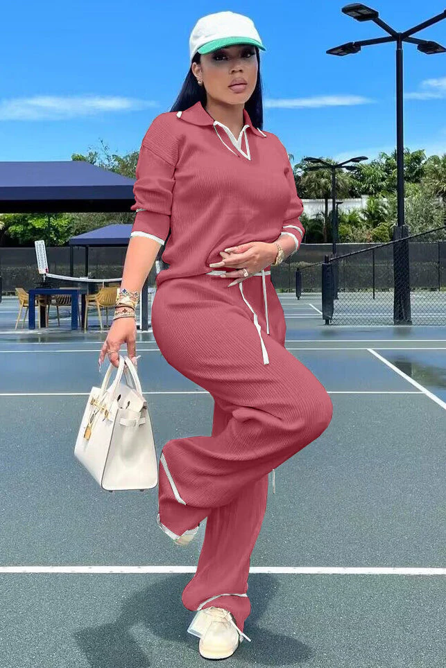 Knit Turndown Collar Long Sleeve Top Straight Leg Casual Pants Matching Set