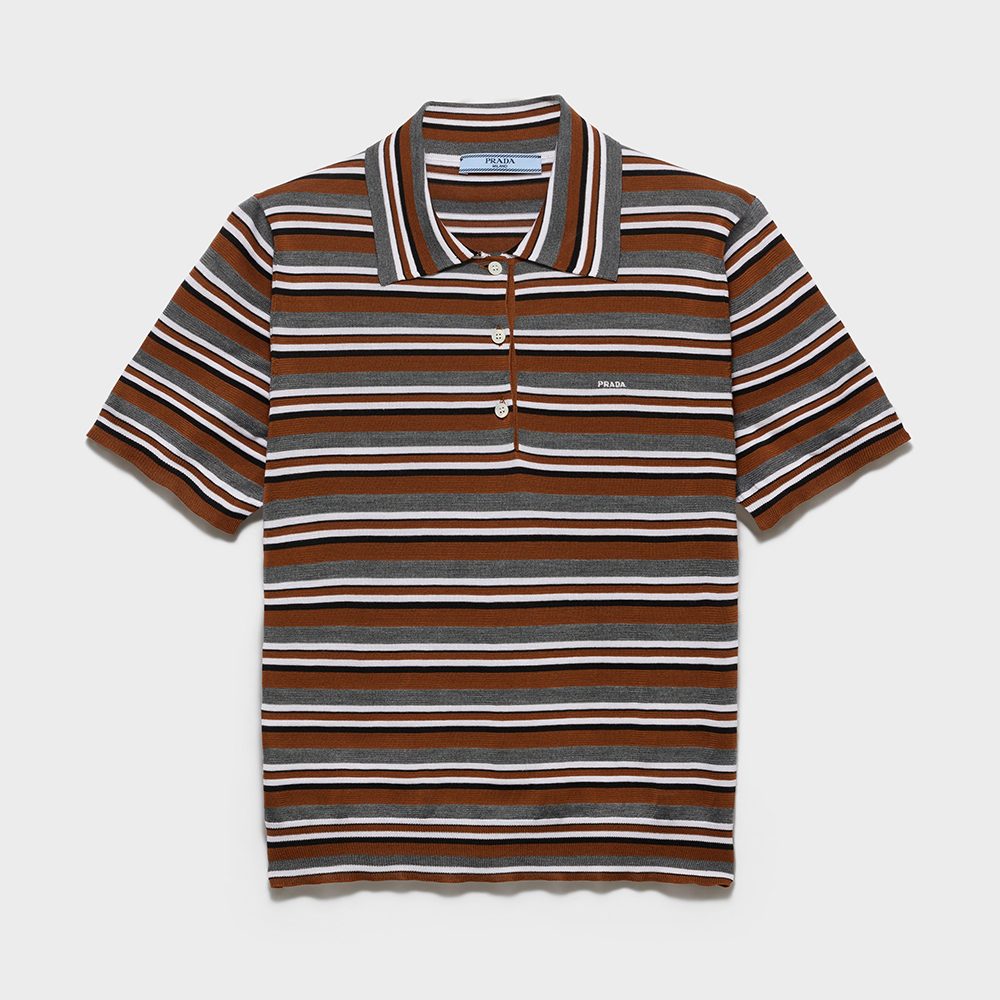PRADA Meadow slate Short-sleeved Striped Cotton Polo Shirt #384032