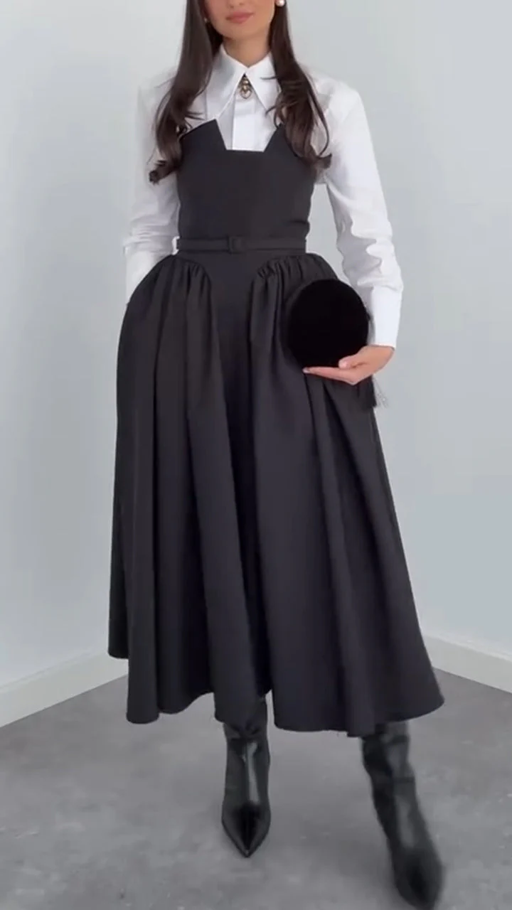 Women Laple Collar Shirt+ Strapless Patchwork Dress Elegant Temperament Set