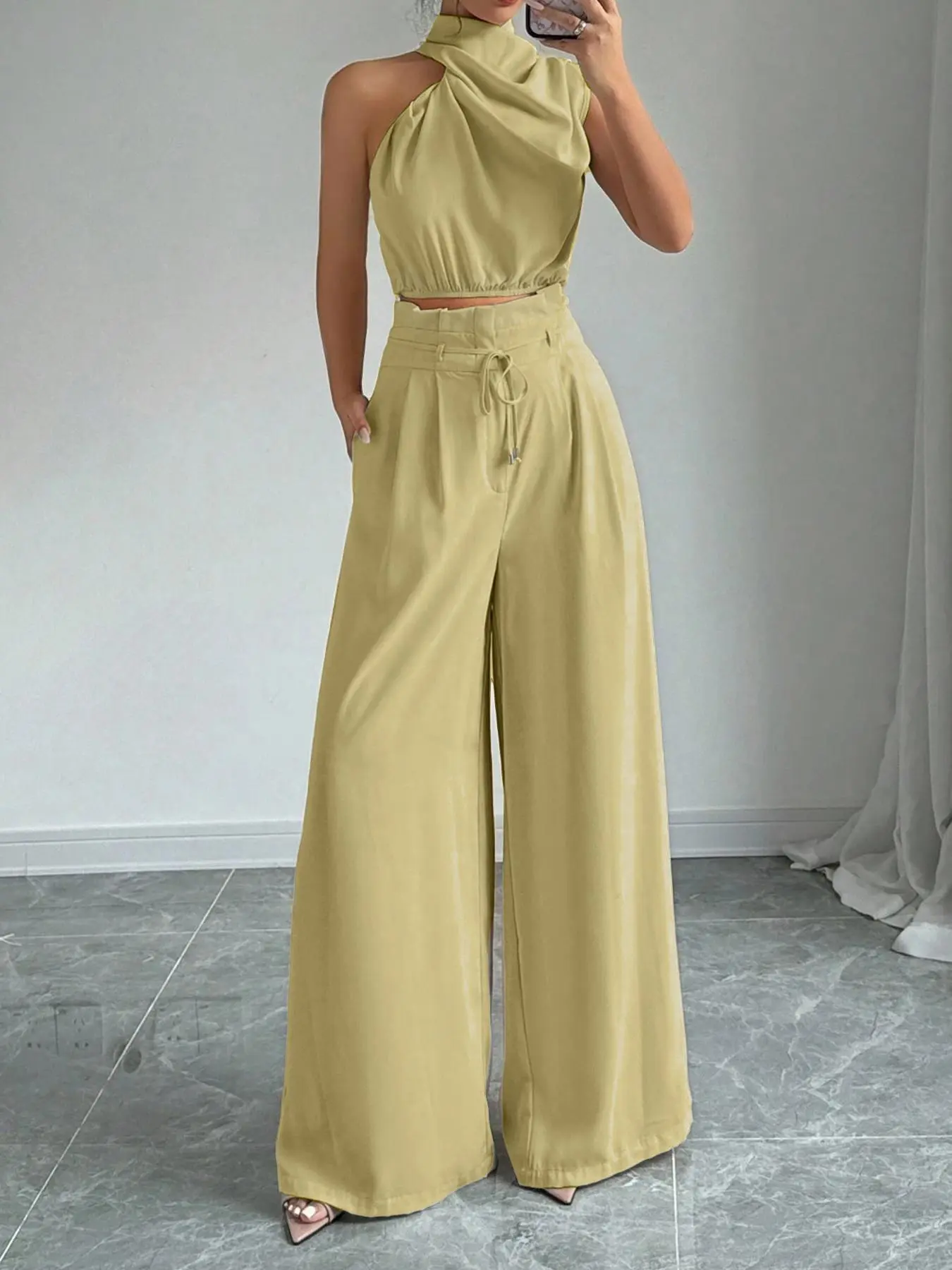 Women's Elegant Two-Piece Set, Irregular Crop Top & Wide-Leg Pants