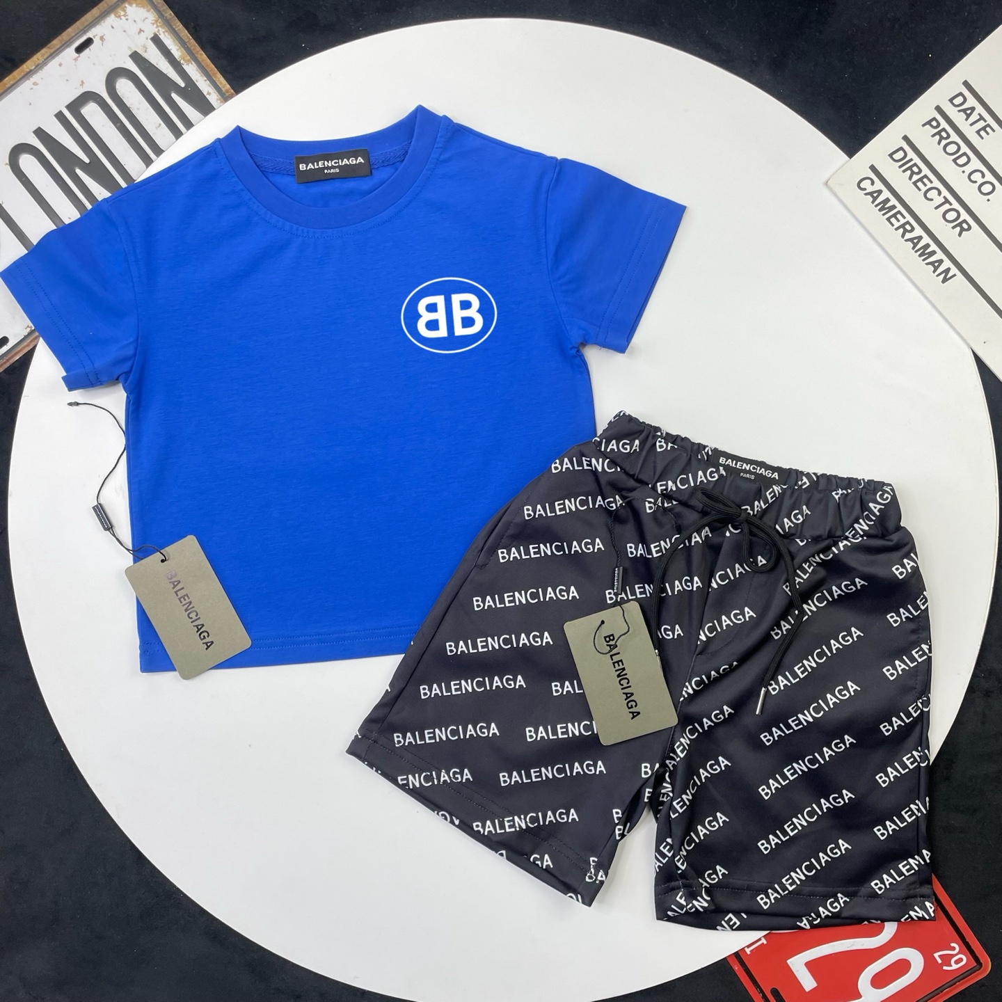 Balenciaga Unisex Kids Bright Blue Circle BB Logo Short Sleeve T-Shirt & Black All Over Letter Print Casual Shorts 2 Piece Set Boys Girls Sizes 90-150