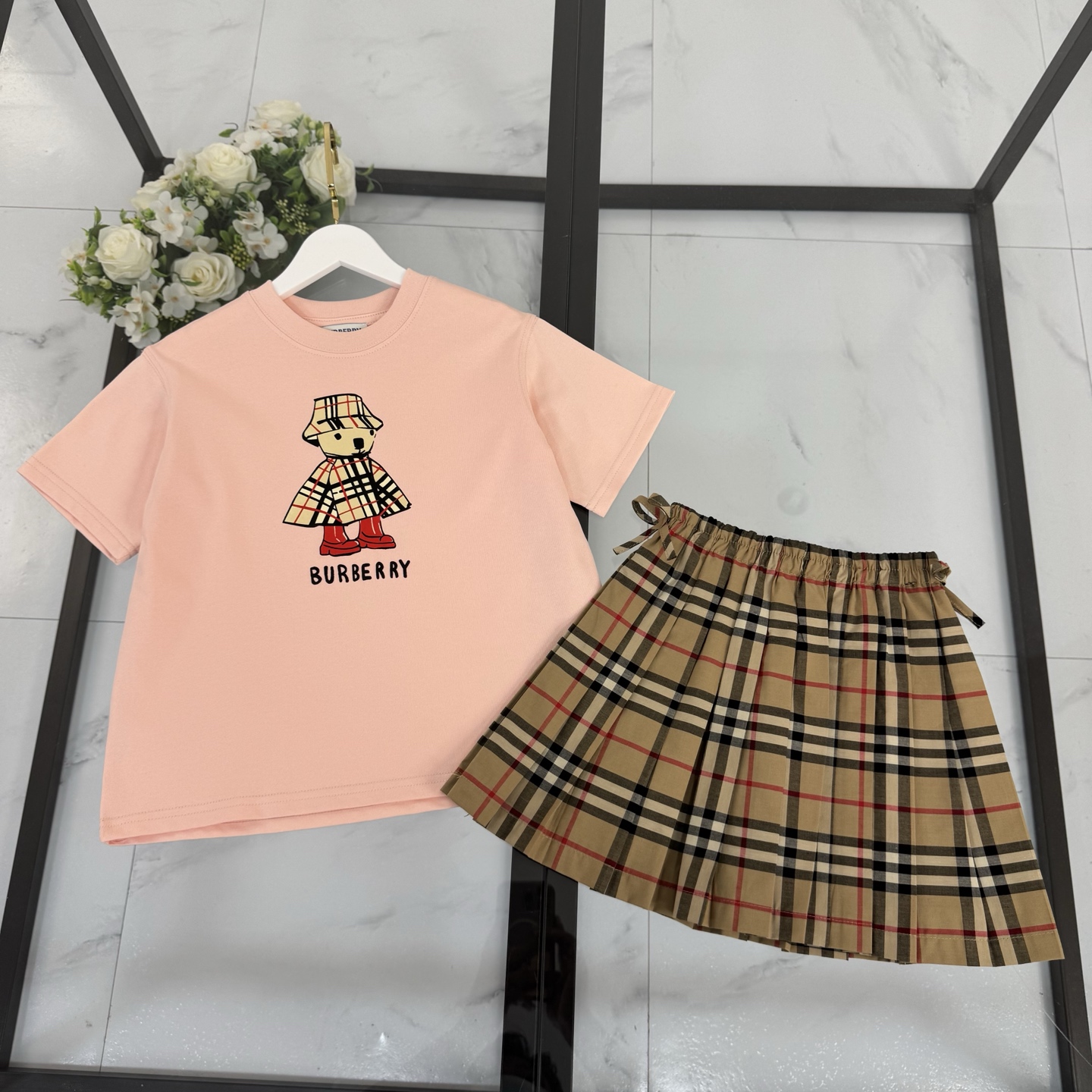 Burberry Girls Pink Cartoon Bear Print Short Sleeve T-Shirt & Vintage Plaid Elastic Waist Pleated Skirt Two Piece Set Kids Sizes 100-160