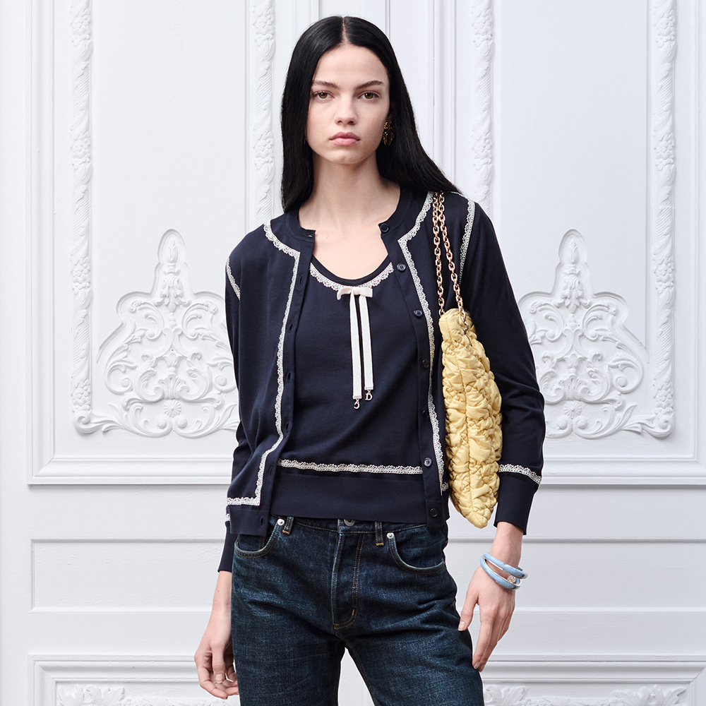 DIOR Sweater Vest Navy Blue Silk Knit and White Lace #380203