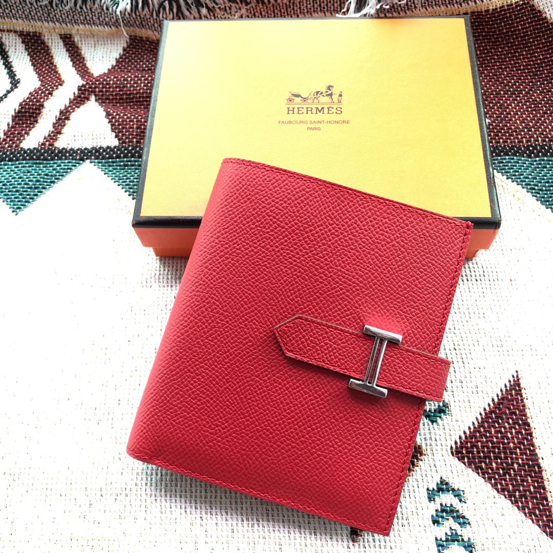 [TOP] HERMES Bearn Short Wallet Epsom 12cmx10cm - Red