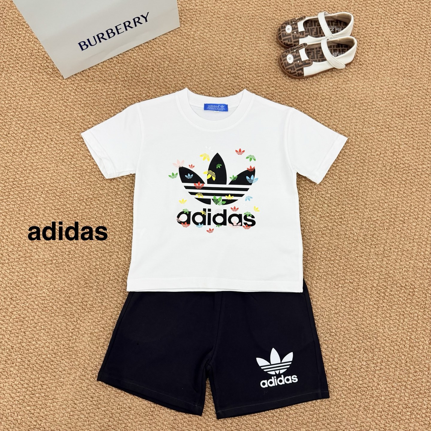 Adidas Unisex Kids 2Pcs Summer Tracksuit Colorful Mini Trefoil Short Sleeve T-Shirt & Drawstring Shorts Full Tags Sizes 90-150 Boys Girls Matching Sport Outfit Set