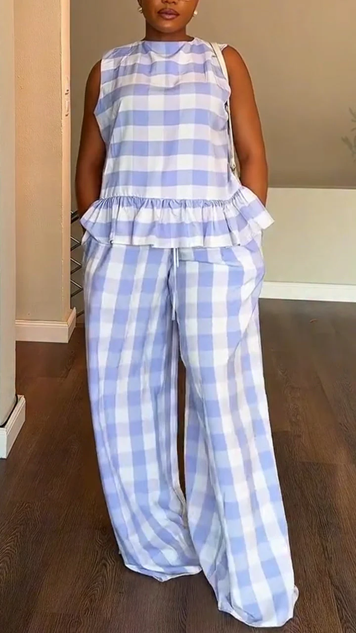 Women Round Neck Plaid Patchwork Top + Pants Casual Suit