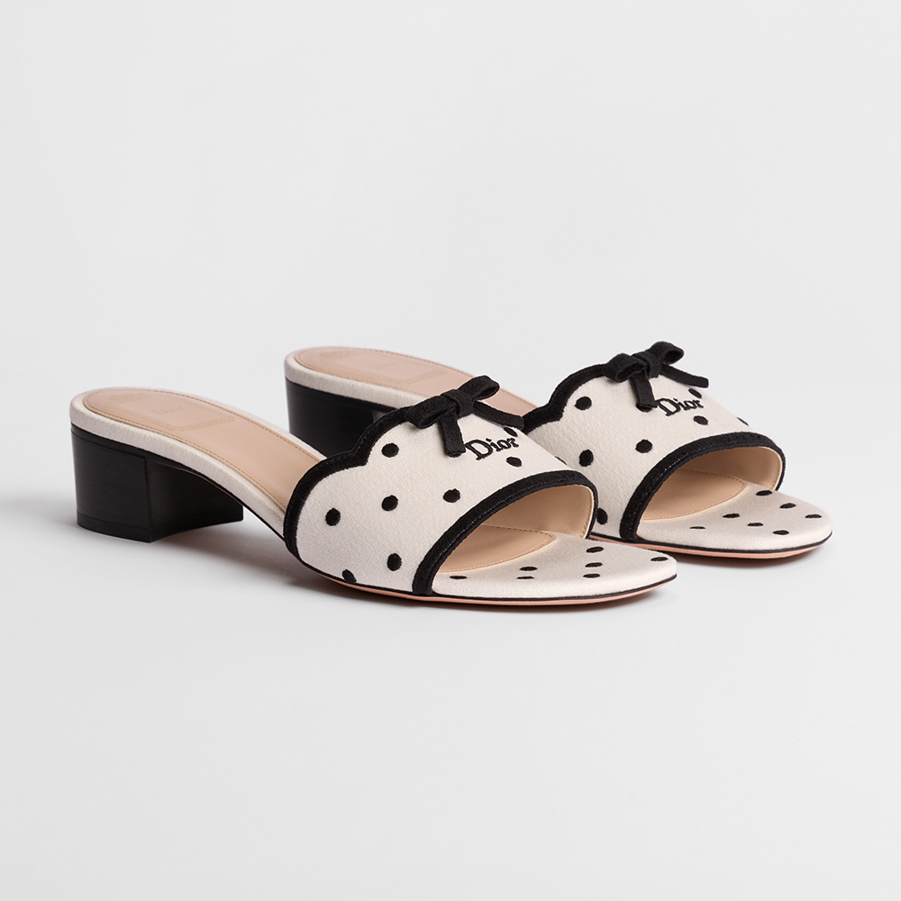Dior black Shoes DIOR Dway Slide White Cotton Embroidered with Black PolkaDior Motif #395842 | Nigo Office
