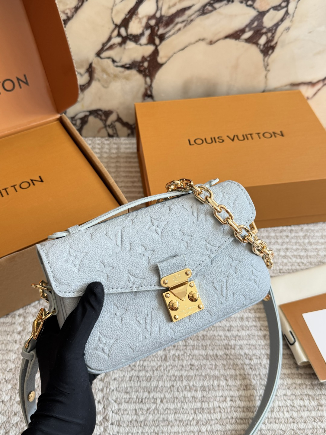 Louis Vuitton Metis Pochette Light Blue Leather Bag with Gold-tone Hardware (Replica)