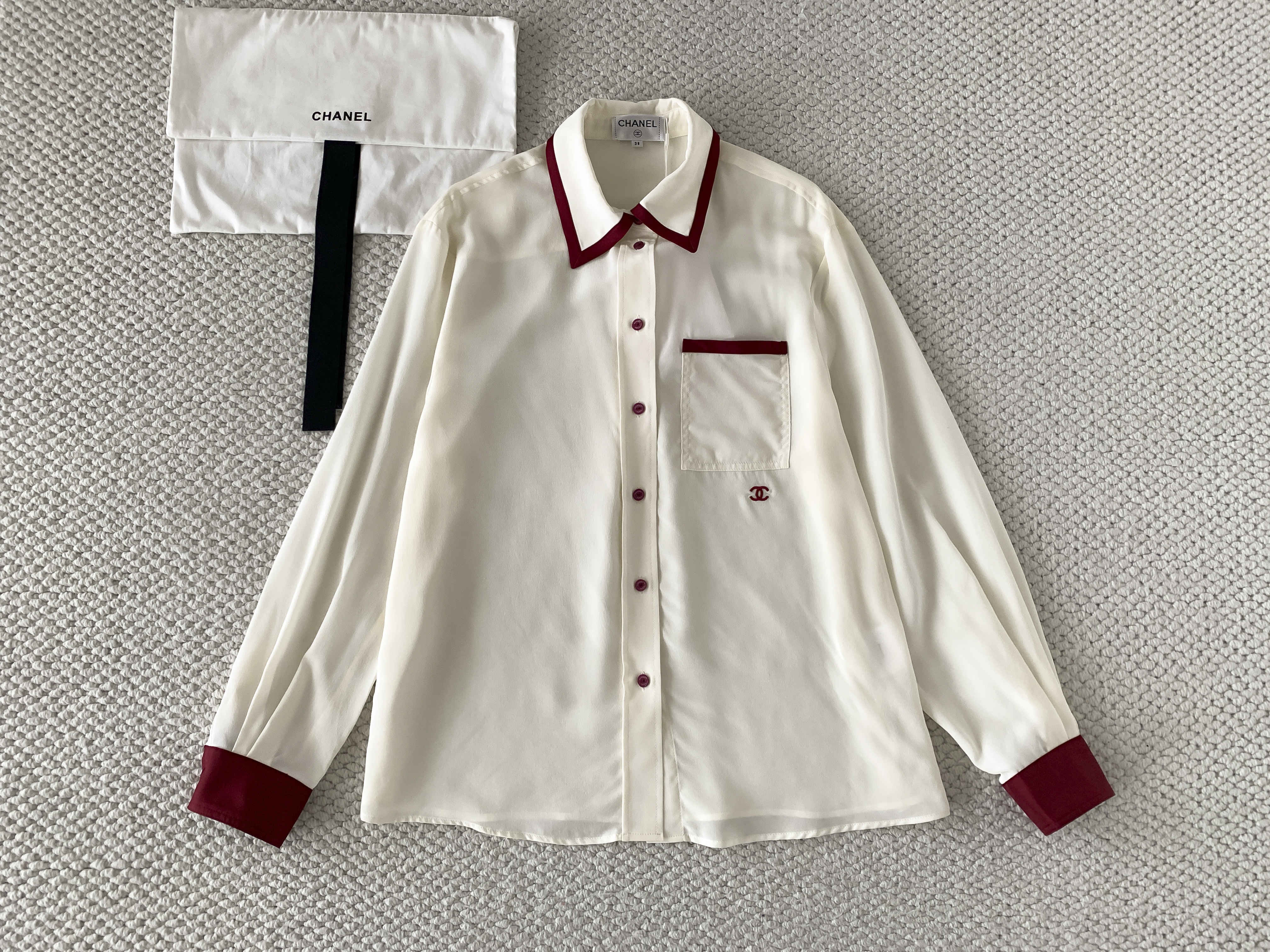 CHANEL Long-sleeved Shirt Silk Canvas Light Yellow Burgundy #378595