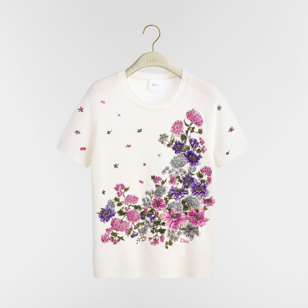 Dior multicolor Clothing DIOR Short-Sleeved Embroidered Sweater Ecru Cashmere Knit with Multicolor Dior Hortensia Garden Moti