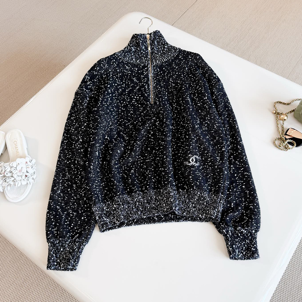 Chanel black Clothing Chanel Half-zip Sweater Black White #393598 | Nigo Office