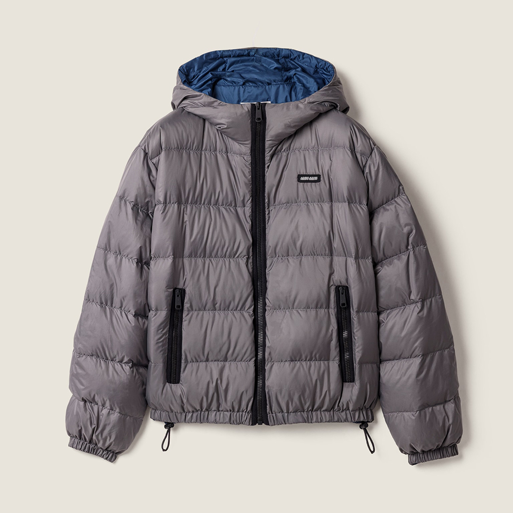 Designer gray Clothing MiuMiu Steel Gray Light Pongé Down Hoodie Jacket #394366 | Nigo Office