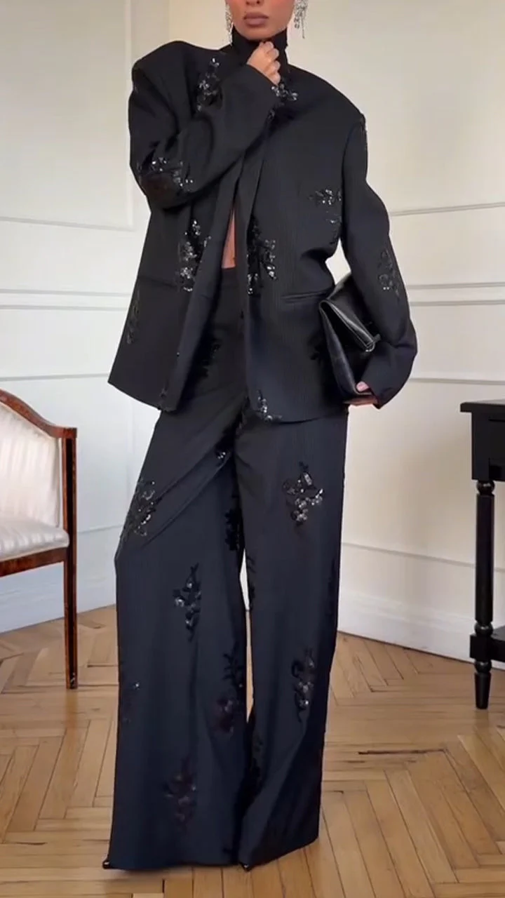 Women Laple Collar Sequin Printed Jacket+ Pants Temperament Commuting Set