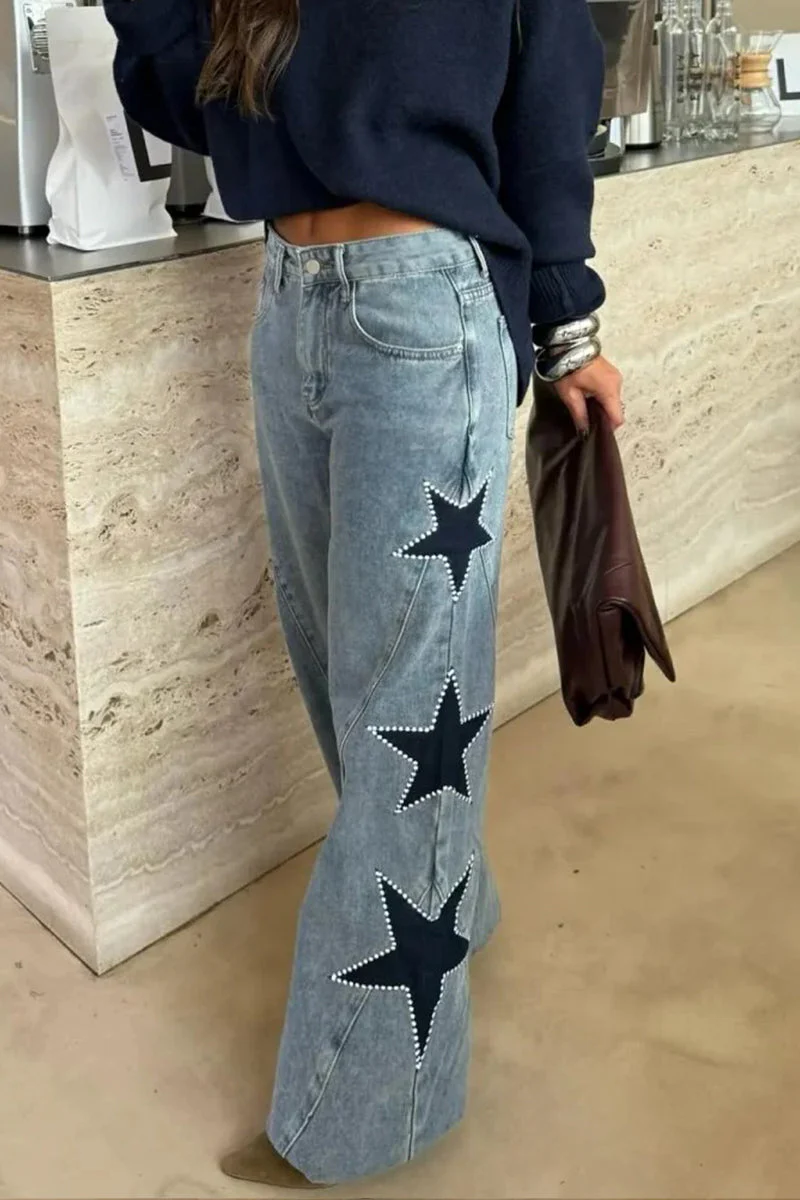 Women Patchwork Star Printed Rhinestone Casual Jeans