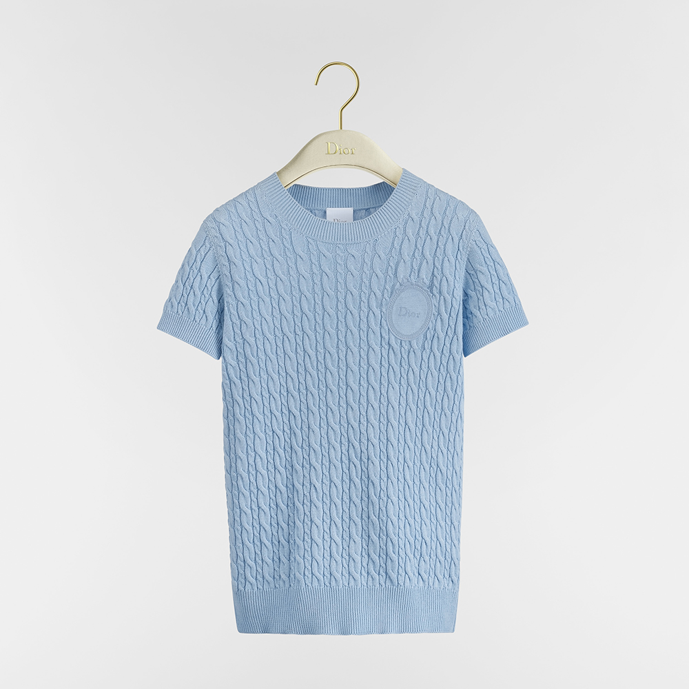 Dior Short-sleeved Sweater Blue Cotton and Sheep's Wool Blend Cable-knit Dior Médaillon Signature #378699