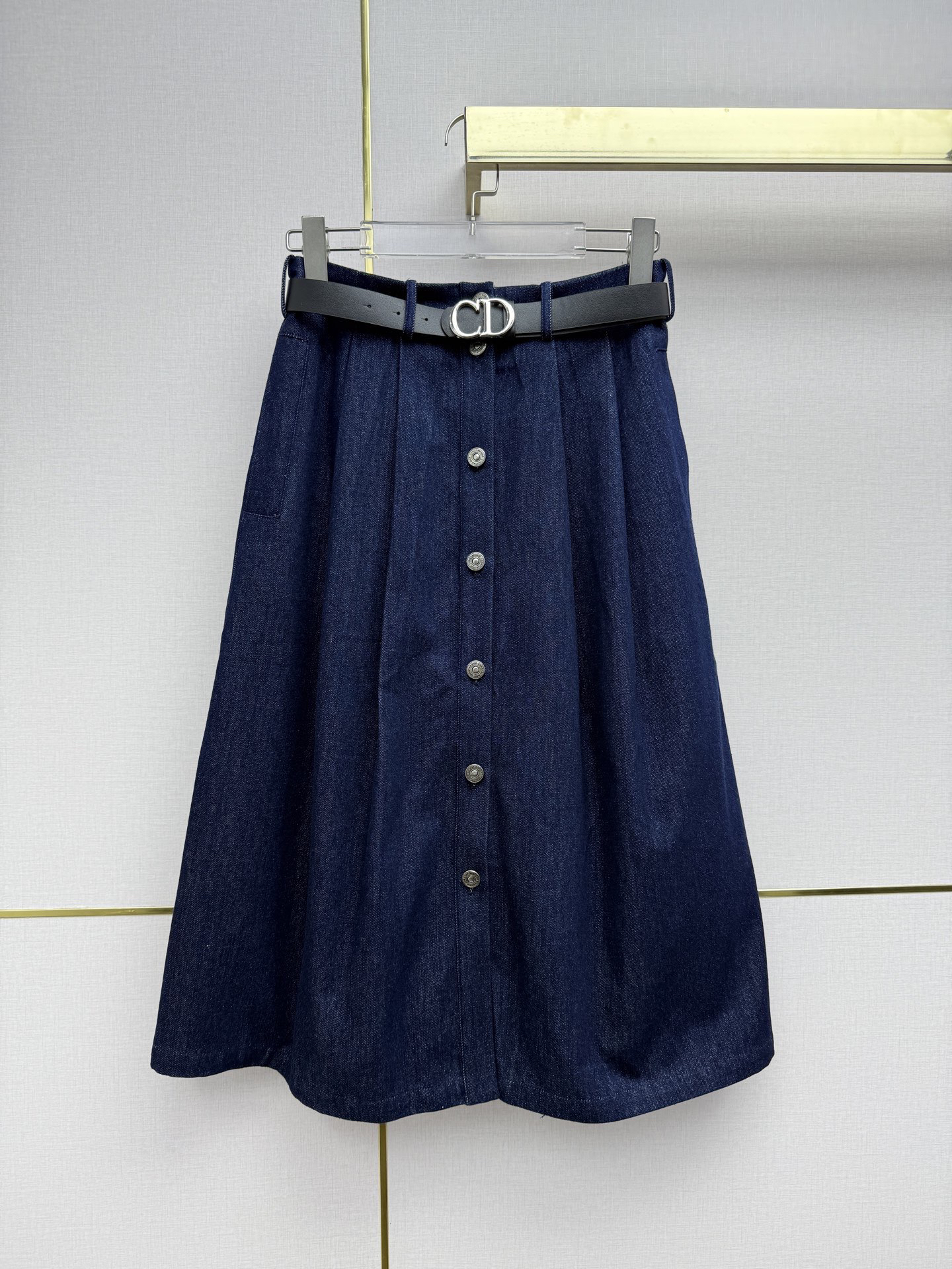 [TOP] Christian Dior Stand Collar Ruffled Short-Sleeve Shirt + Denim Skirt with Belt - White/Blue