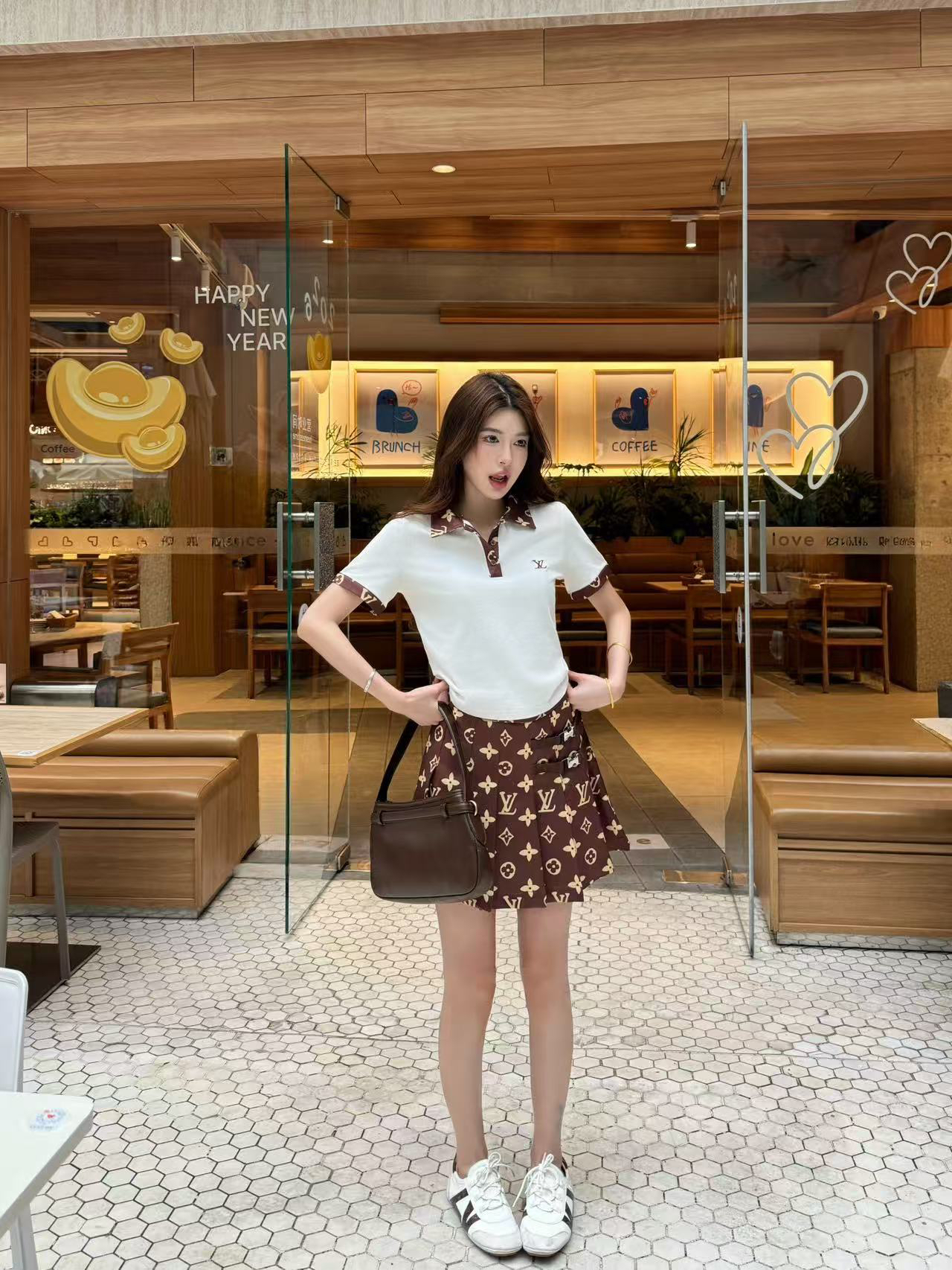 [TOP] Louis Vuitton LV Polo T-shirt + Skirt Set - White/Brown