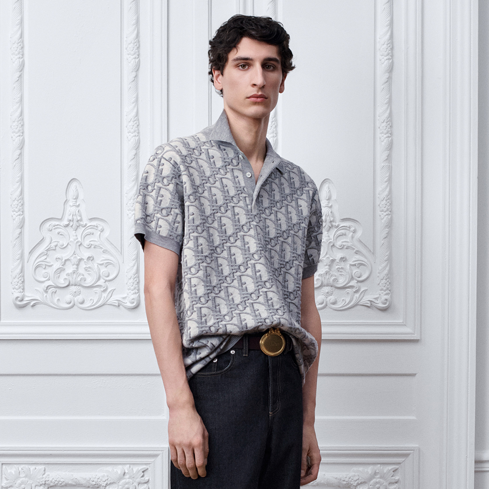 DIOR Dior Oblique Polo Shirt Regular Fit Gray Cotton-Wool-Silk Jacquard #384706