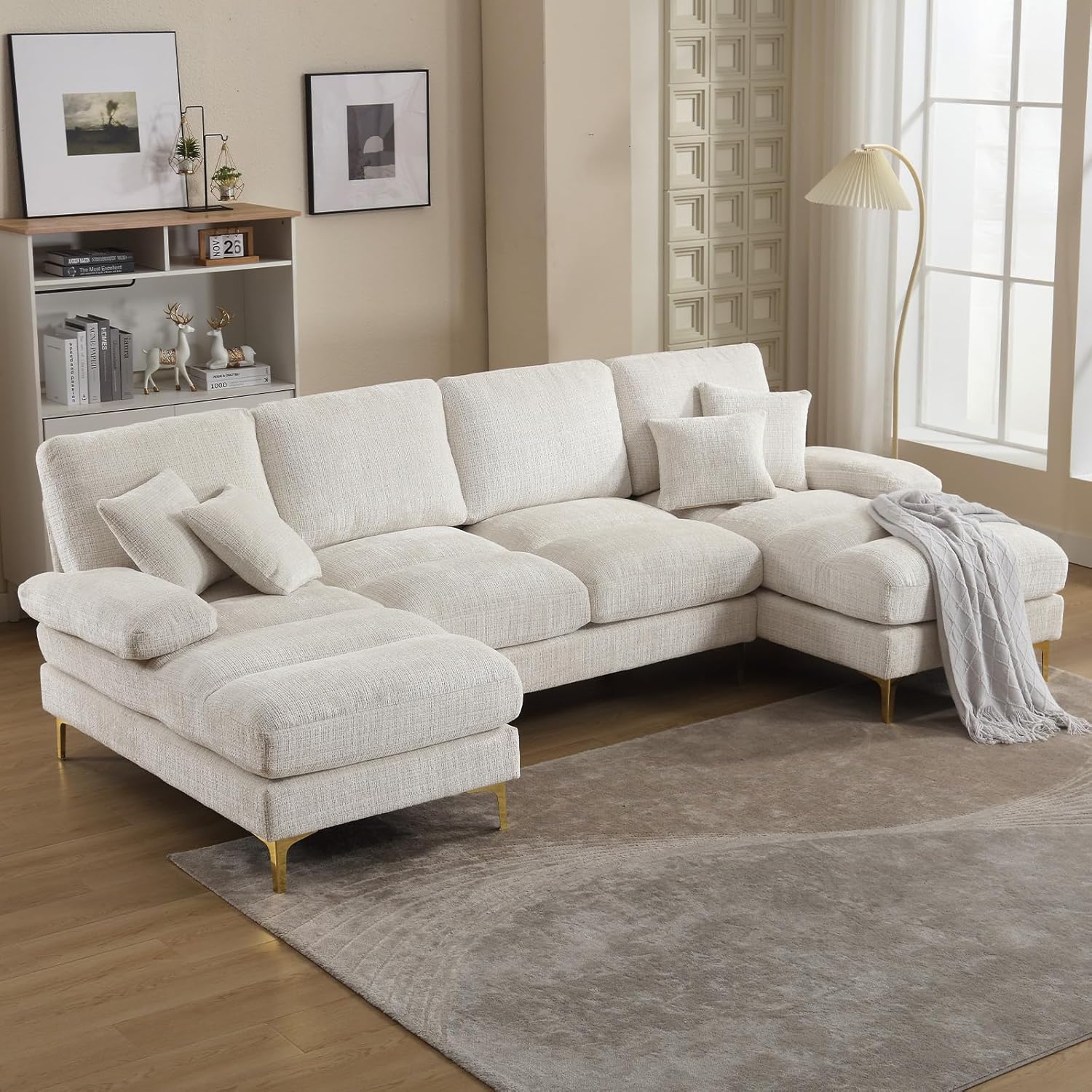 QQU 107 U Shaped Sectional Sofa, 4 Seater Corner Sofa Couch with 2 Chaise Lounges & 4 Pillows, Chenille Fabric Upholstered Sofa Set for Home Furniture, Beige