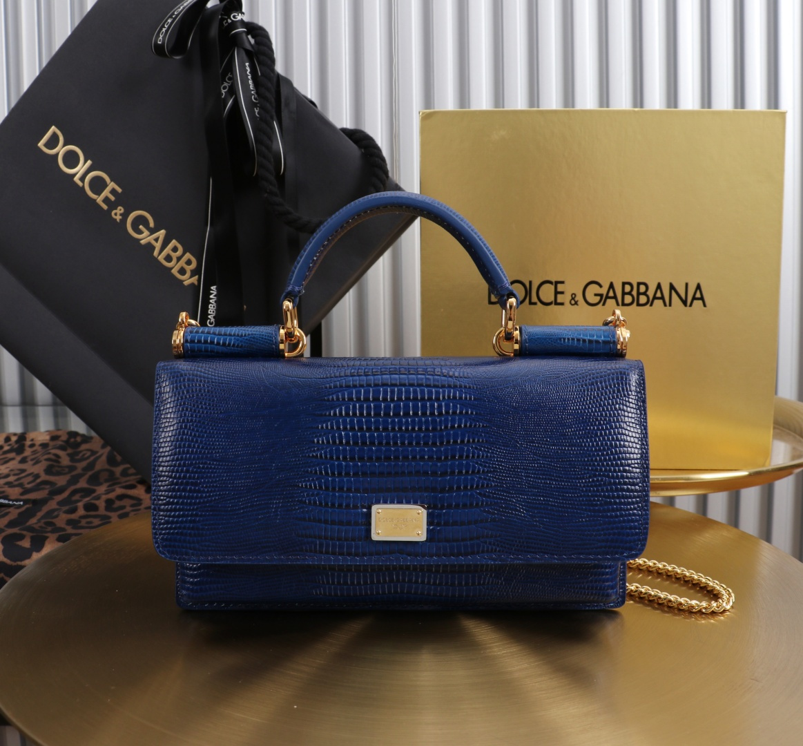 [TOP] Dolce & Gabbana D&G Bag Lizard-patterned Cowhide Bag 20x11x3cm -Dark Blue - 711 Luxury