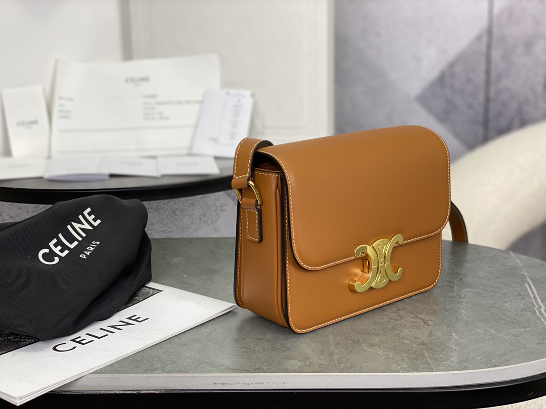 [TOP] CELINE Triomphe Bag Box Leather 18.5x14x6cm - Brown - 711 Luxury
