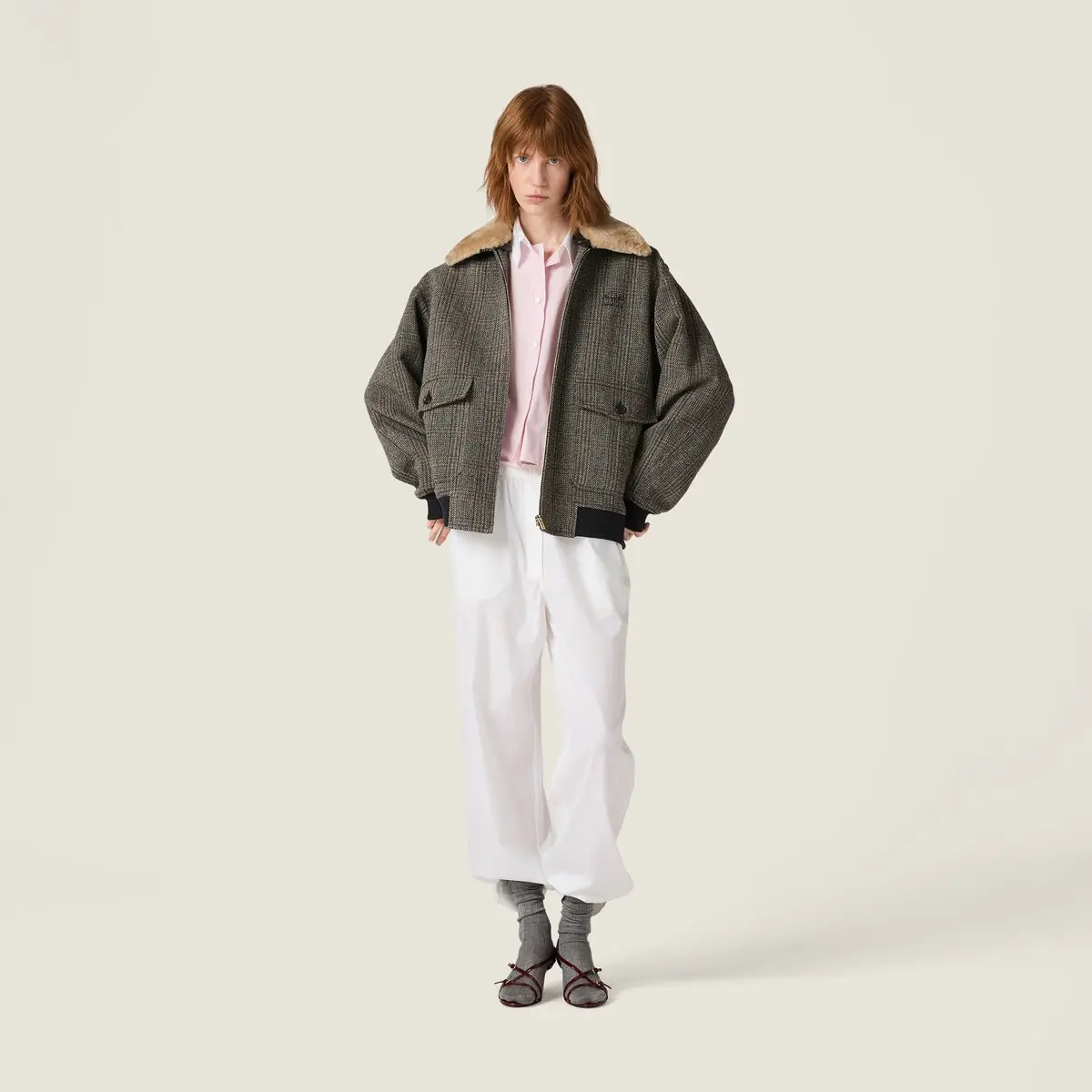 Designer gray Clothing MiuMiu Chevron Blouson Jacket With Shearling Collar Slate Gray #390011 View 2 | Nigo Office