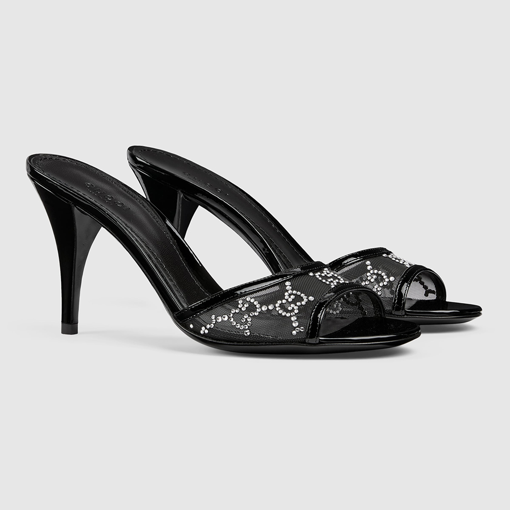 Gucci Women's Crystal Slide Sandal in Black GG Crystal Mesh#380127