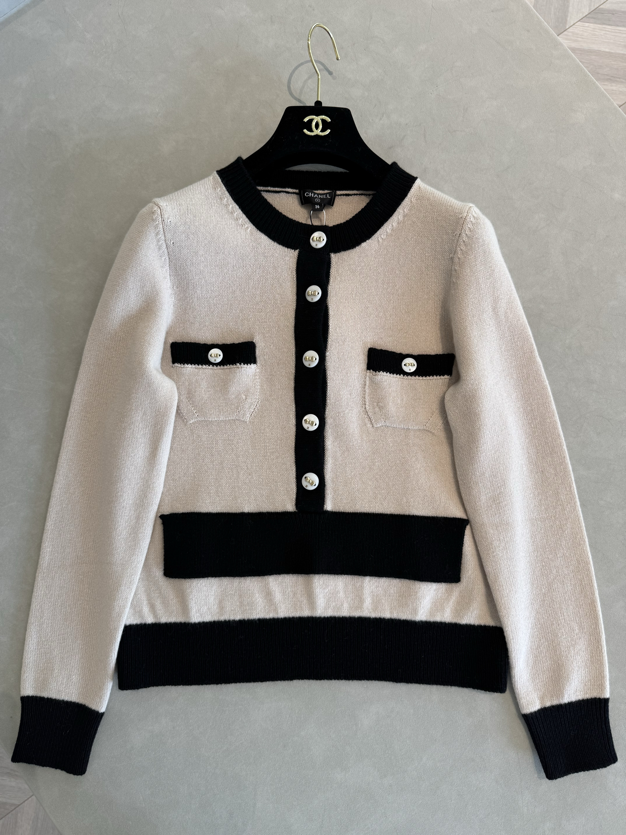Chanel Sweater Cashmere Light Beige Black #384325