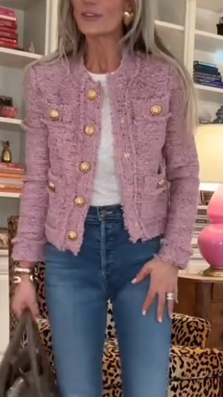 Women Round Neck Buckle Splicing Small Fragrant Style Jacket