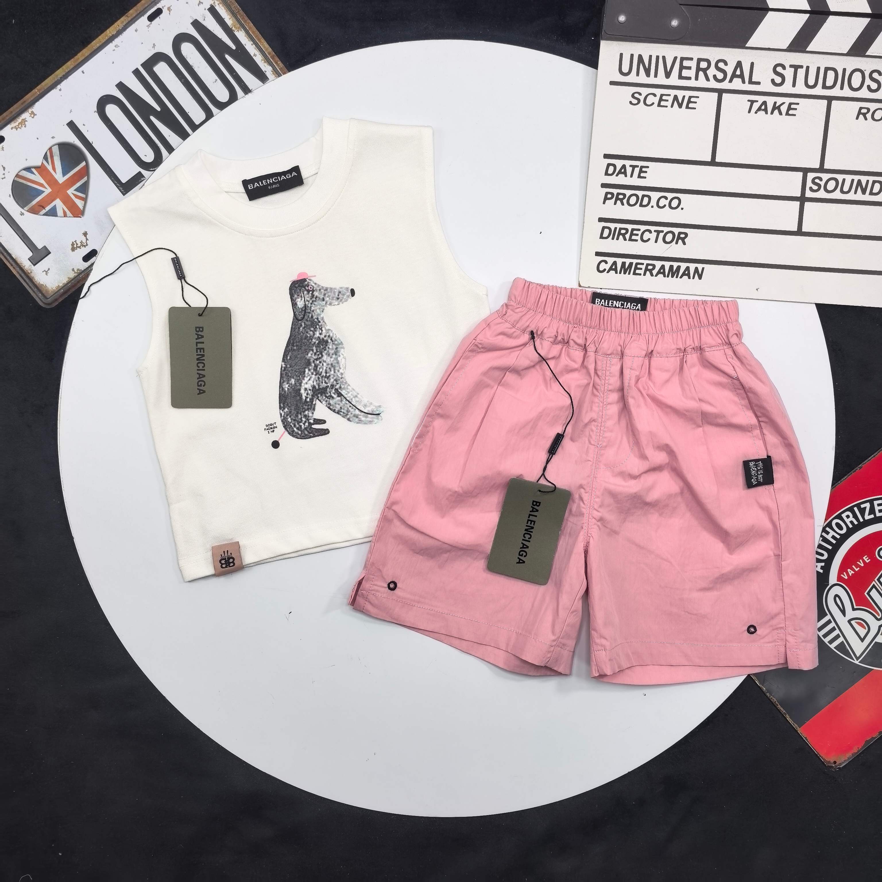 Balenciaga Unisex Kids Cartoon Dog Print Sleeveless Tank Top & Elastic Waist Casual Shorts 2 Piece Outfit Boys Girls Sizes 90-150