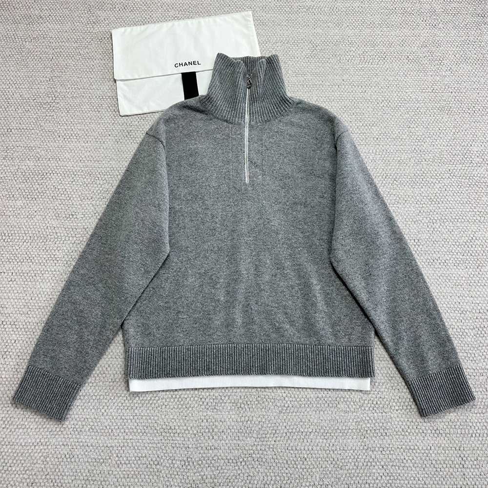 Chanel Top-quality Version Zipper Lapel Cashmere Sweater #378803