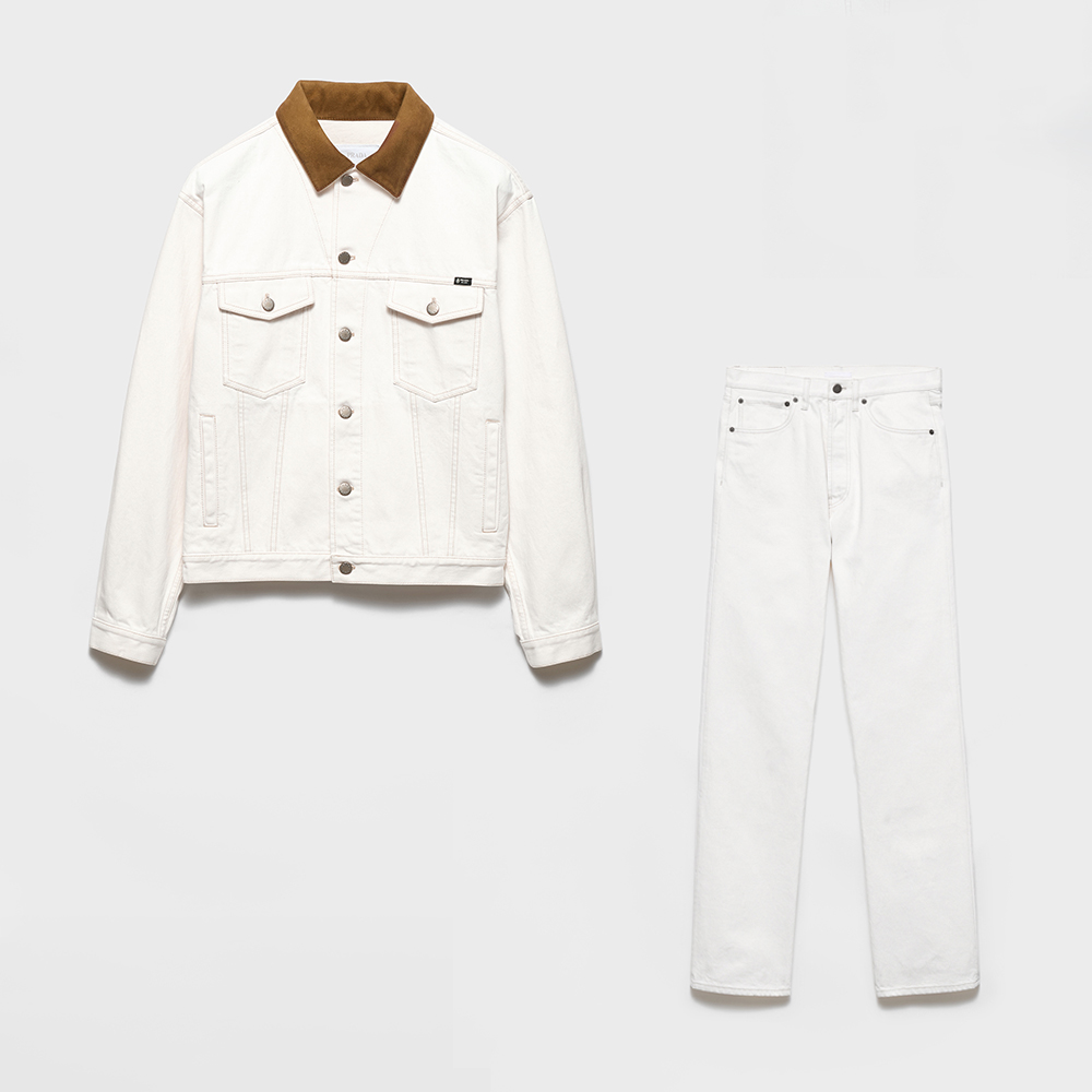 PRADA White Old Denim Jacket and Five-Pocket Jeans With Leather Details #385093