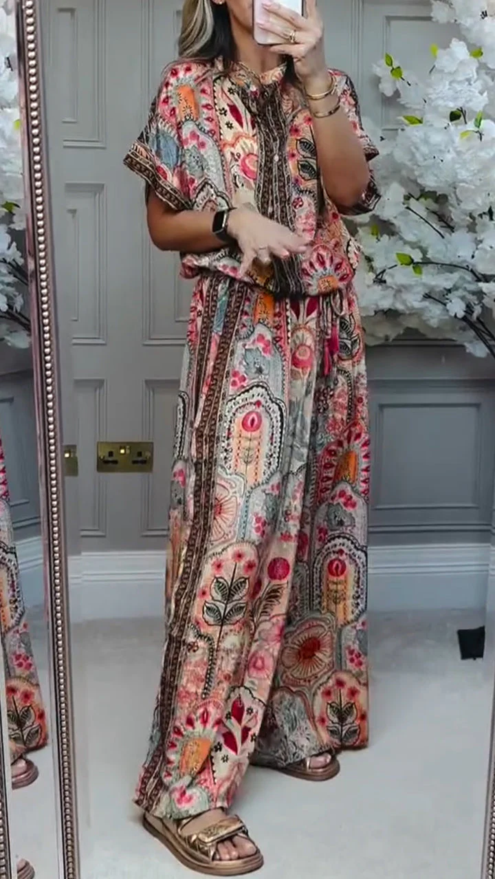 Ladies' Round Neck Printed Loose Casual Suit