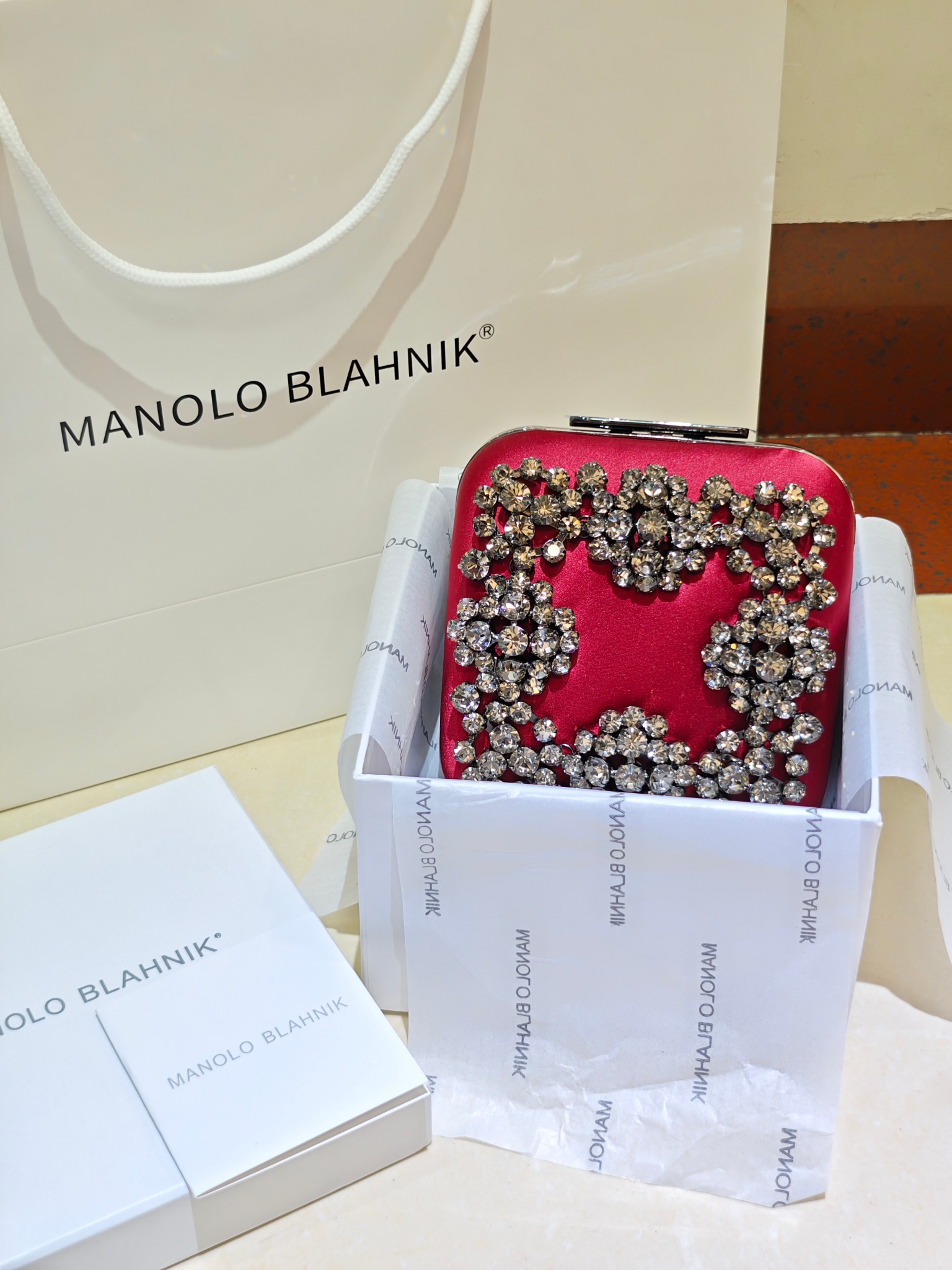 [TOP] MANOLO BLAHNIK Lace-patterned Square Bag 15.8*17*7.3cm - Red - 711 Luxury