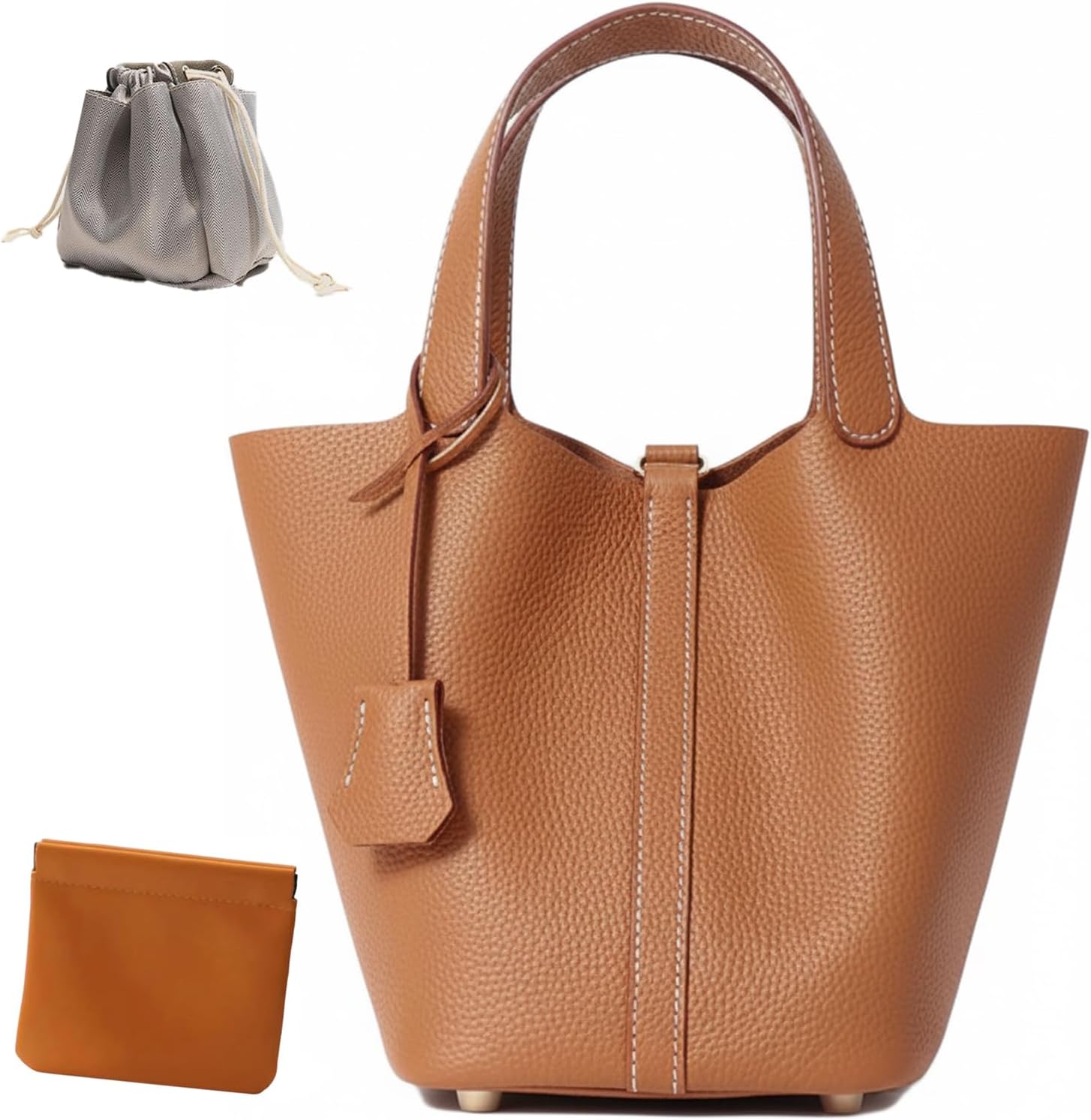 Genuine Leather Lock Design Bucket Bag Vegetable Basket, Fashionable and Versatile Satchel Handbag
