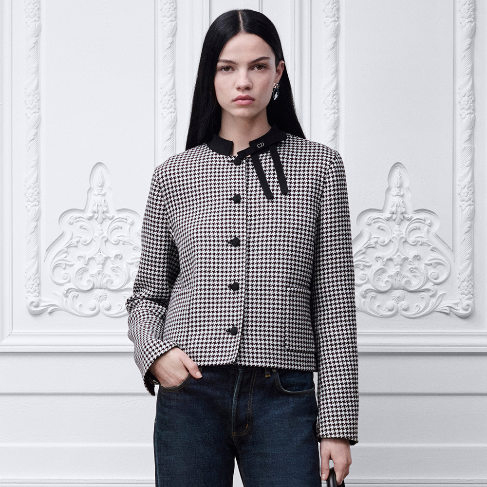 DIOR Cropped Jacket Black and White Houndstooth Virgin Wool Blend #378353