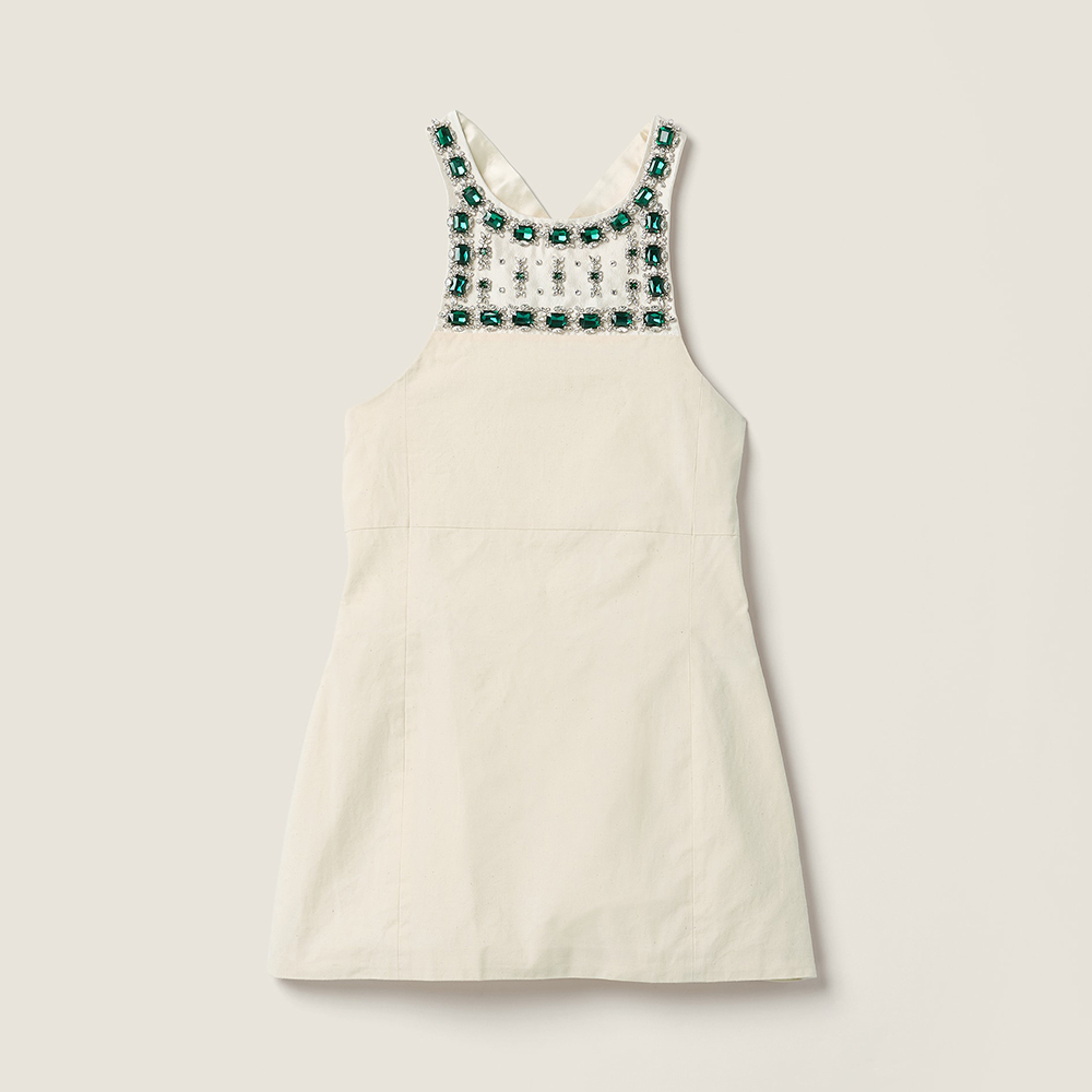 MiuMiu Ecru Embellished Canvas Apron Dress #383711
