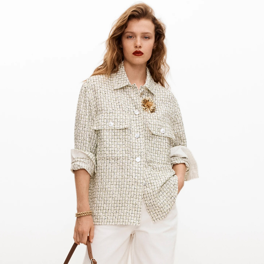 Chanel 26p White Green and Blue Plaid Thin Tweed Jacket #383509