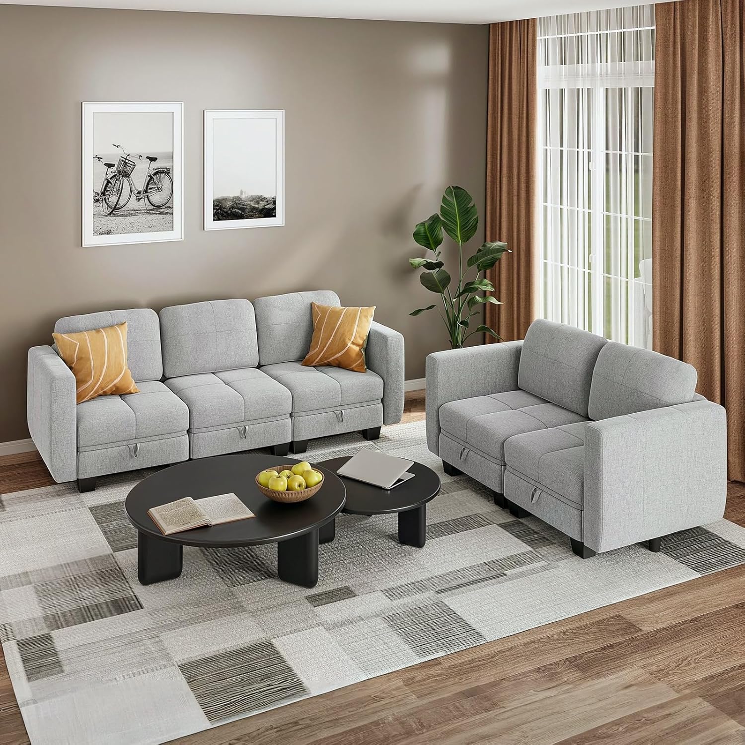 Jooli H 3 Seater Sofa with Movable Ottoman, Fabric Corner Sofa with Hidden Storage and Upholstered Cushions, L-Shaped Modular Sectional Sofa for Living Room and Home Office, Light Grey