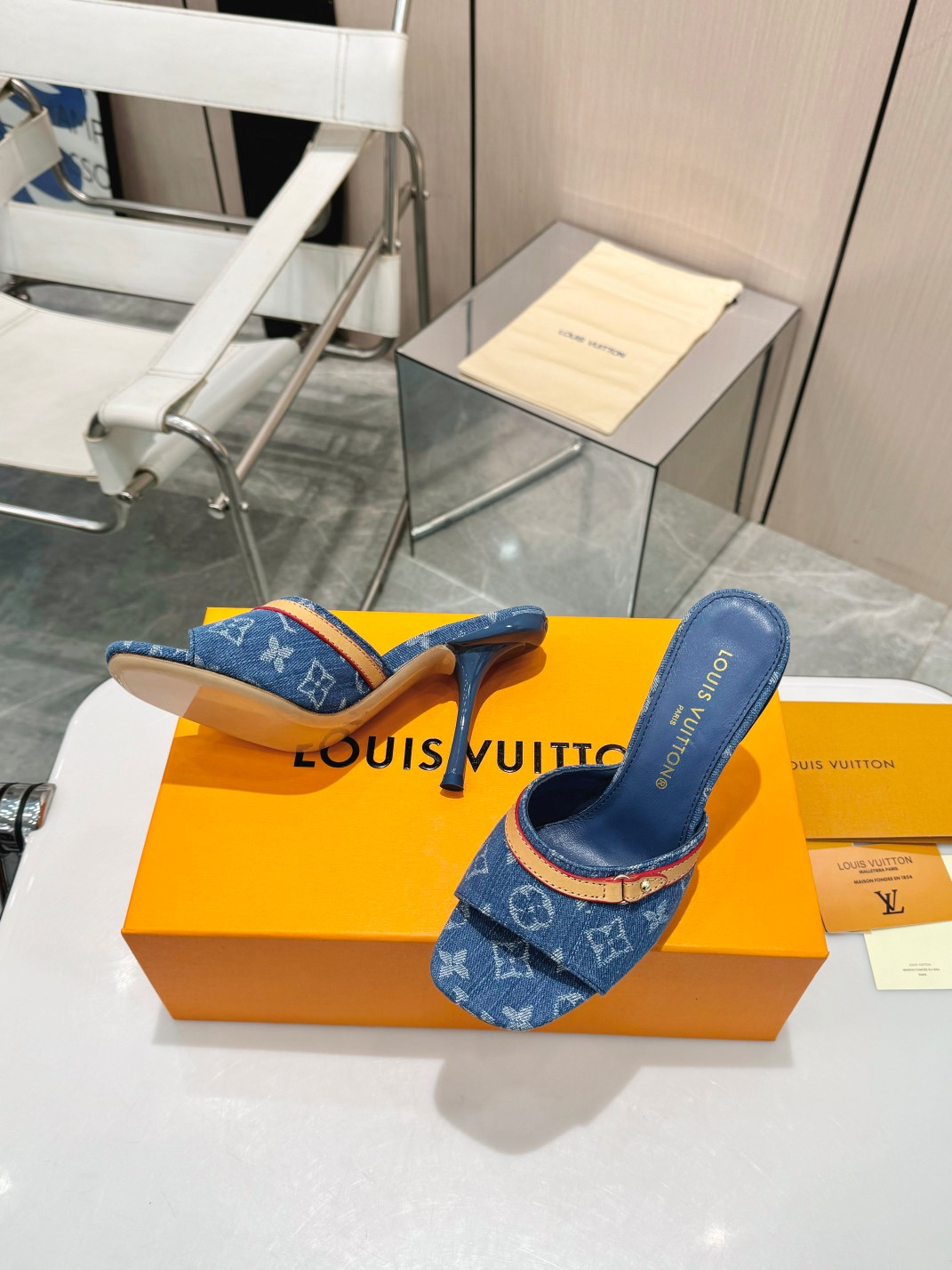 [TOP] Louis Vuitton LV 10cm High Heel Slippers - Denim Blue - 711 Luxury