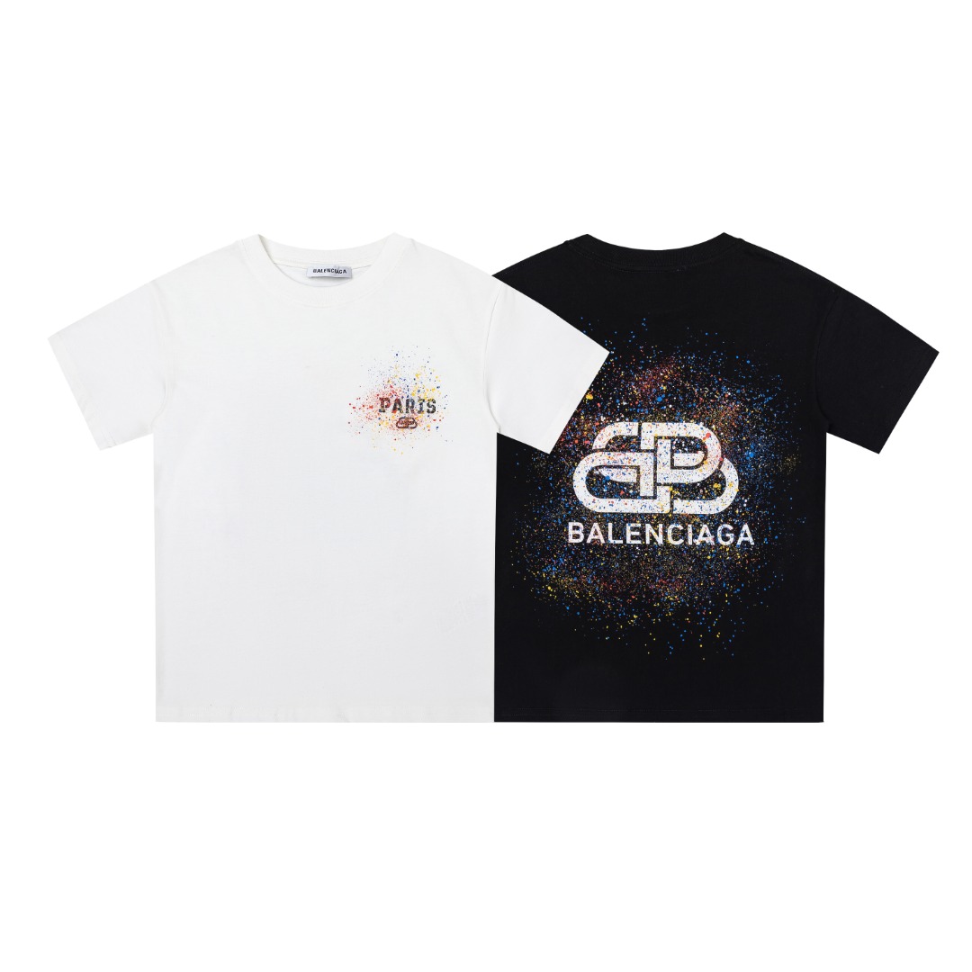 Balenciaga Unisex Kids Double-Sided Color Splash BB Logo Print Short Sleeve Cotton T-Shirt Boys Girls Casual Tee Sizes 100-160