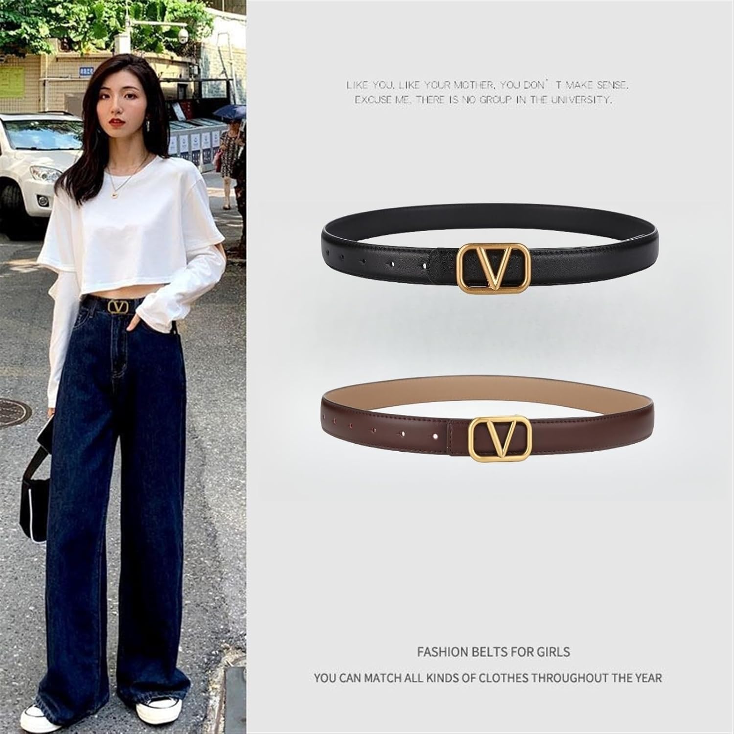 RLINEA Women's Casual Genuine Leather Belts for Jeans Dress Set Coat Pants, Fashion Waist Belts with V-Style Gold Buckle (Color : Camel, Size : 26-36 Waist Adjustable)