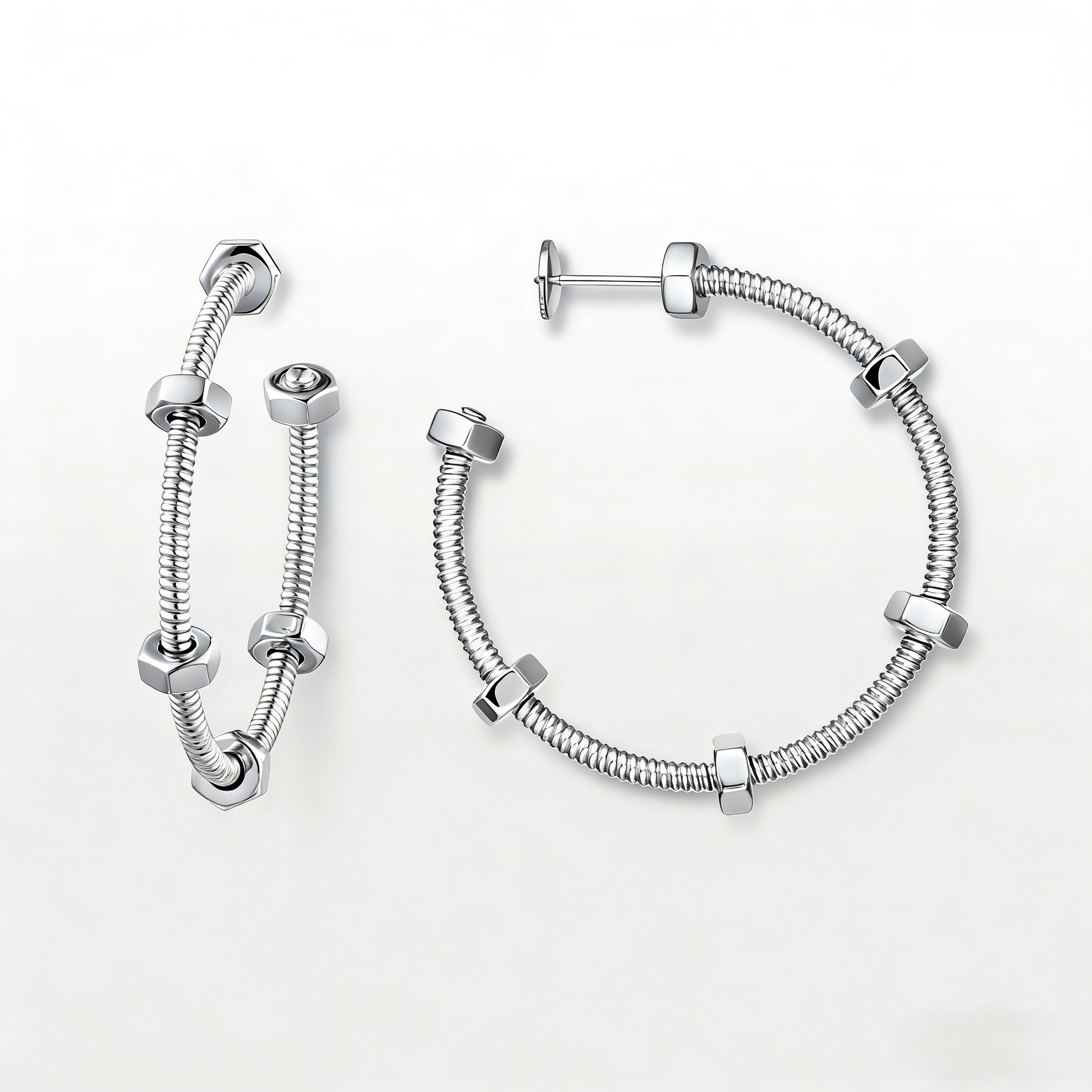 Carty Spiral Earrings, White Gold，Hexagonal Nut