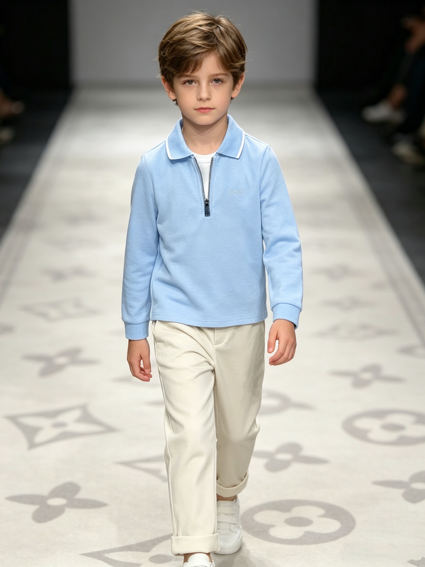 Boss Boys 2026 Autumn Two Piece Outfit Light Blue Half Zip Lapel Polo Top Beige Cuffed Casual Pants Soft Skin-Friendly Kids Matching Set Size 90-150