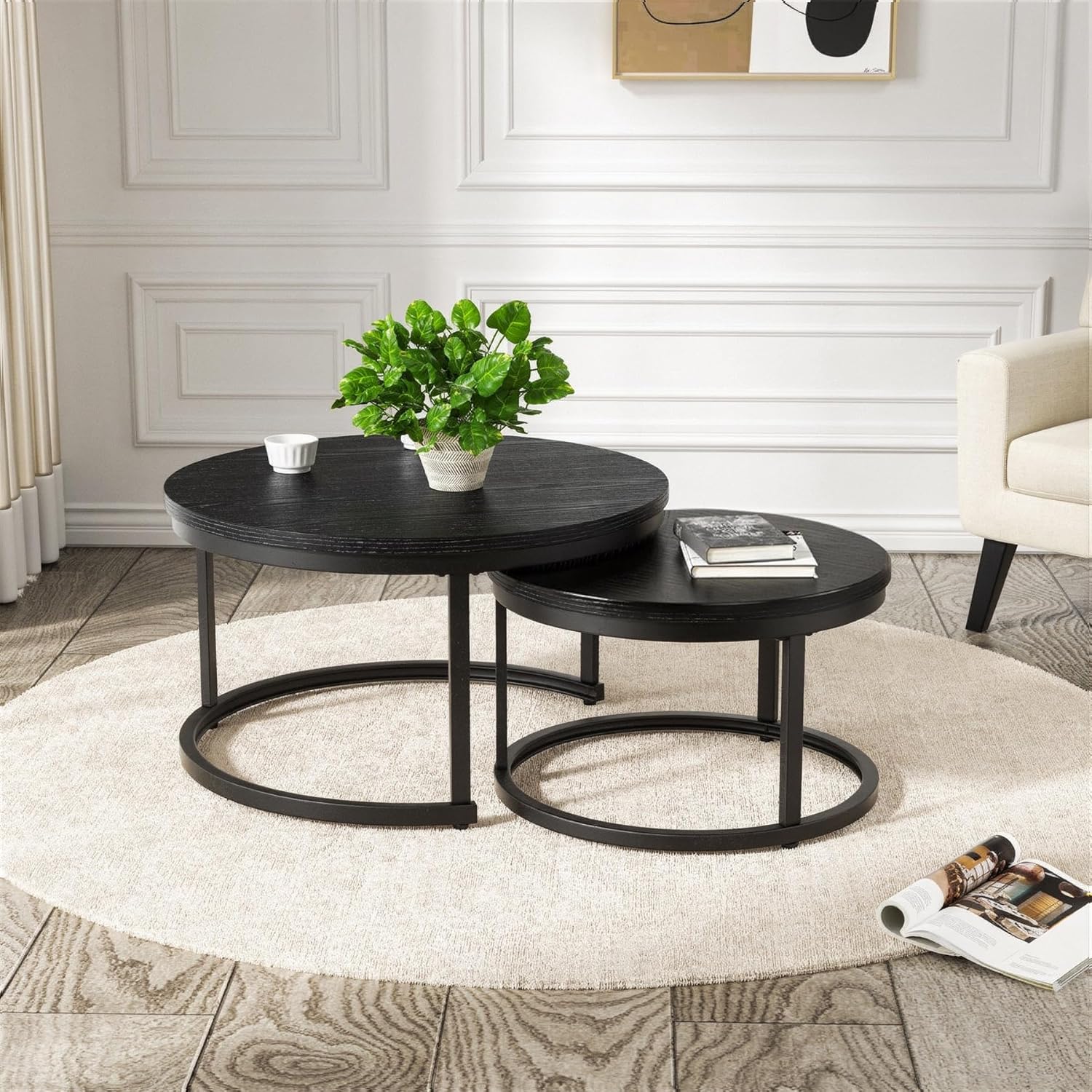 Hawthyhome Coffee Tables, Round Nesting Tables Tet of 2, Modern Side Tables with Metal Frame, Industrial Stacking End Tables for Living Room Bedroom Office, 60cm*40cm, Creamy White