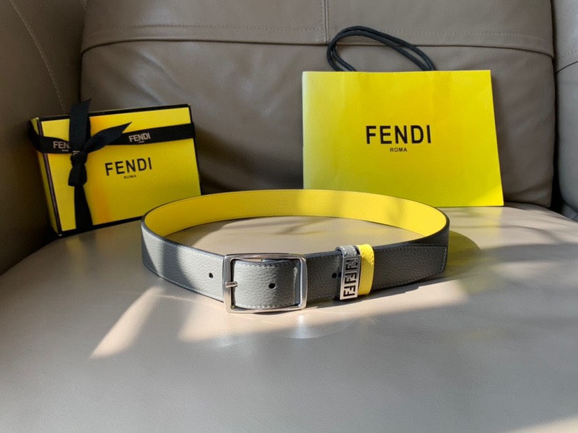 [TOP] FENDI Men's Belt Cowhide 3.5cm - Gray and Yellow - 711 Luxury