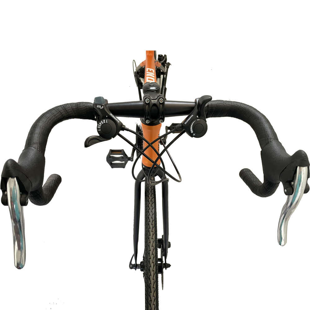 Drop handlebar design of 700C road bike with Shimano shifter, performance racing bicycle cockpit view.