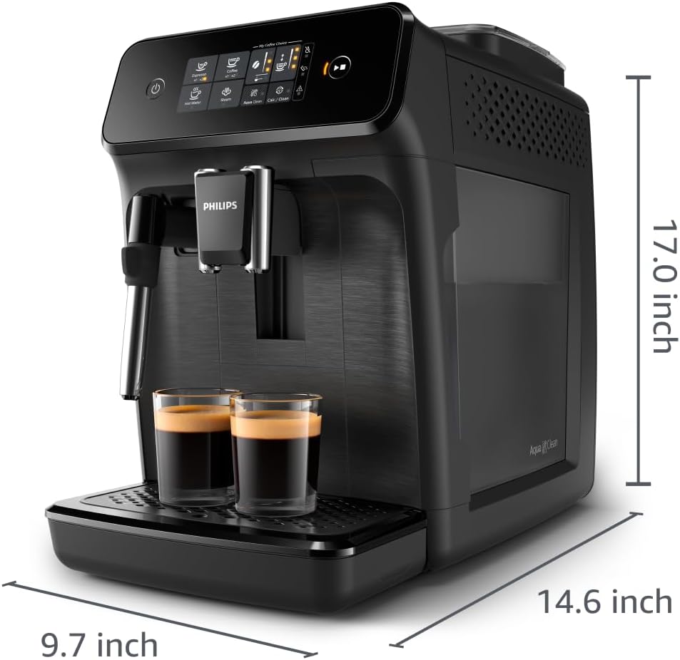 Philips 1200 Series Fully Automatic Espresso Machine, Classic Milk Frother, 2 Coffee Varieties, Intuitive Touch Display, 100% Ceramic Grinder, AquaClean Filter, Aroma Seal, Black